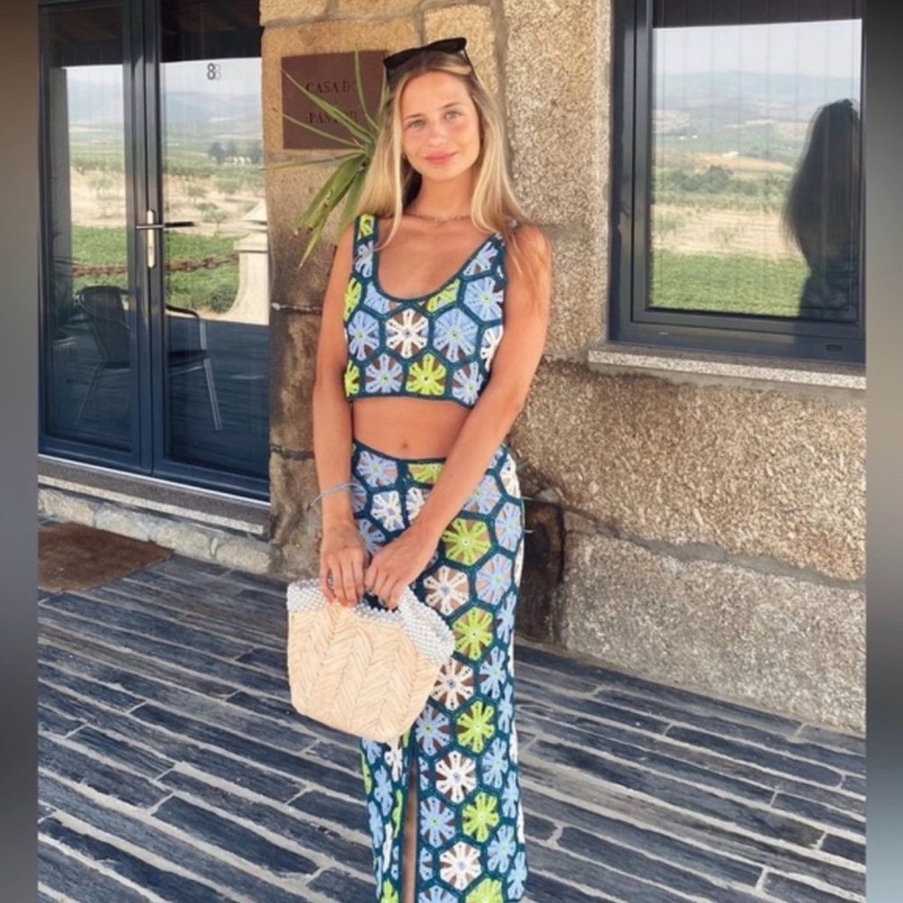 Zara 2 Piece Floral Crochet Knit Top And Skirt